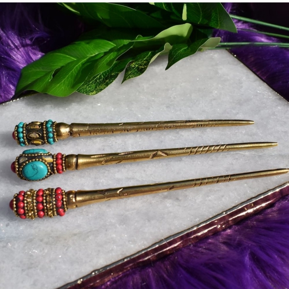Brass & Coral Glass Beaded Hair Pin